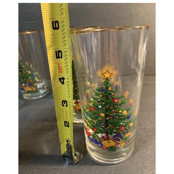 Set of 4 VINTAGE CHRISTMAS TREE 5.5" 12 OZ GOLD RIM TUMBLER GLASS - Picture 4 of 4